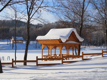 beautiful winter landscape with a wooden pergola covered with a thick layer of snow on a Sunny frosty day.の写真素材