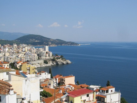 Beautiful Aero-view of the old Greek city with red tiled roofs and solar panelsの写真素材