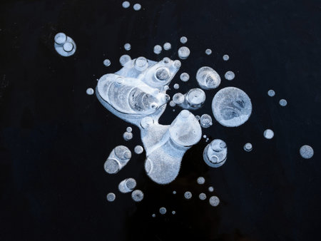 Texture pattern background white Winter, river ice air bubbles stagnant. drawing on ice frost...