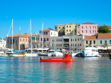 Sea port town of Chania. The submarine carries tourists on a boat trip.