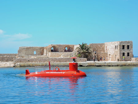 Greece. Crete. June 2017. Sea port town of Chania. The submarine carries tourists on a boat trip