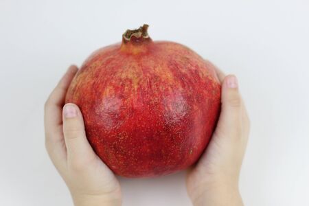 Child's hands holding ripe pomegranate on white background.の写真素材