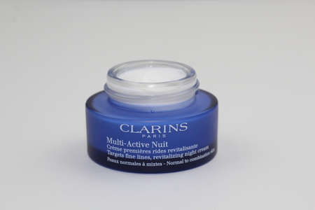 Russia, Saratov - march , 2020: Clarins Multi-Active Creme Nuit Normal Skin open jarのeditorial素材