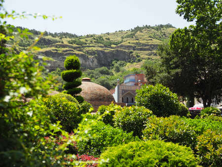Abanotubani - ancient district of Tbilisi, Georgia, known for its sulfuric baths. The roof with dome of red brick of steam rooms.のeditorial素材