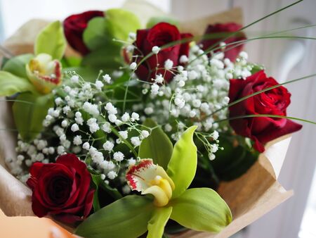 closeup of rose bouquet isolated on white using in wedding or any greeting ceremony.の写真素材