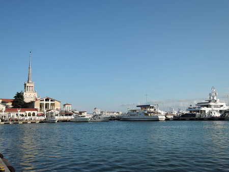 06 07 2016 Sochi. Russia. Sochi Commercial Sea Port at sunset
