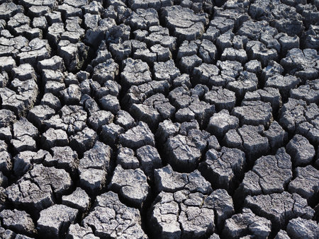Dry and cracked earth grey background closeupの写真素材