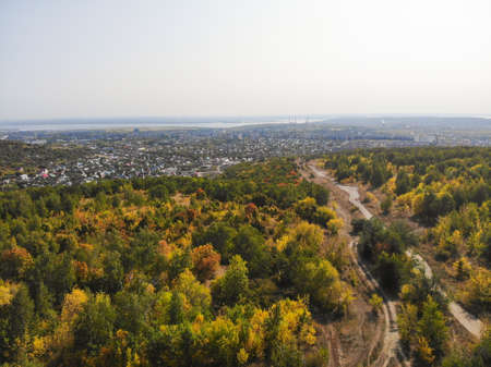 Aerial view forest. Autumn forest aerial drone view. Beautiful green and yellow autumn forest.の写真素材