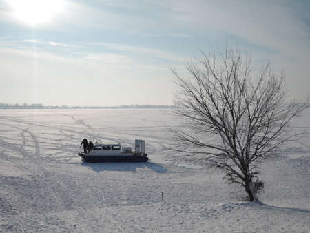 Hovercraft crosses frozen river on Sunny winter day. Russia, Saratov-January, 2016のeditorial素材