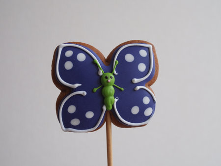 Gingerbread cakes in the form of a butterfly, covered with icing and sprinkled with powdered sugar.の写真素材