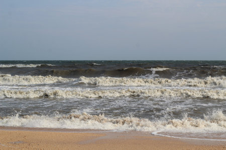 waves during a storm at Azov sea in springの写真素材