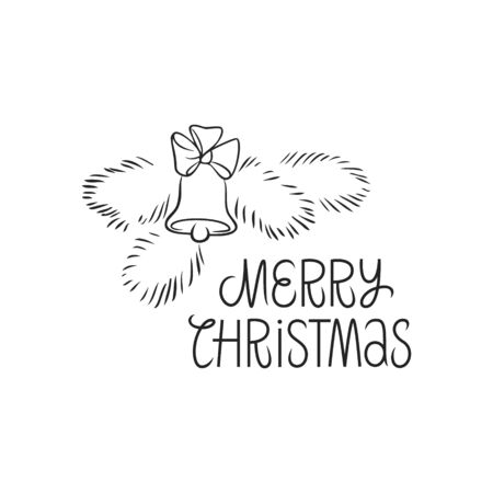 Merry Christmas wish quote hand drawn lettering. Xmas slogan. Jingle bells, Christmas tree simple decor. Stylized sketch typography. Winter holiday banner, poster, greeting card vector design elementのイラスト素材