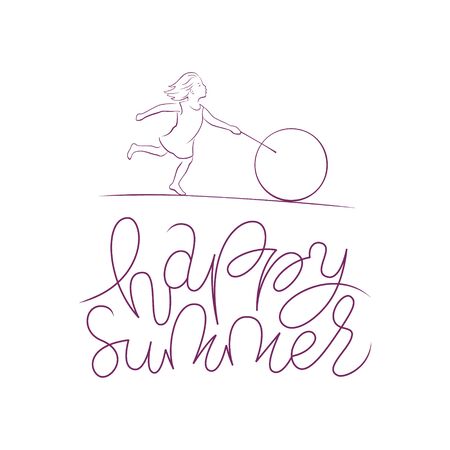 Happy summer hand drawn vector lettering. Girl rolls hoop line style illustration. T shirt design, children party poster, outdoor game banner.のイラスト素材