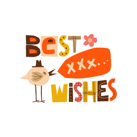 Best wishes hand drawn lettering. Cute bird says 'Kisses'. Colorful paper applique style. Anniversary invitation template for celebration design. Fun letters for birthday card, motivational posterのイラスト素材