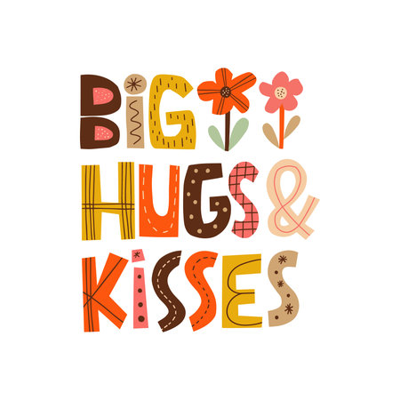 Big hugs and kisses hand drawn lettering. Colorful paper applique style. Anniversary invitation template for celebration design. Fun letters for b-day wishes, greeting cardのイラスト素材