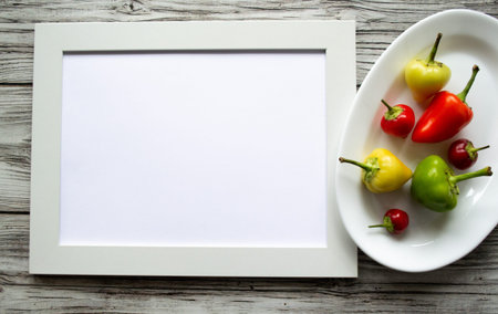 White frame with space for text or illustration. Next to it is a white plate with colorful little...