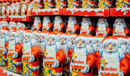 Moscow, Russia, November 2020: Lots of chocolate Santa clauses from Kinder in a bright orange and...
