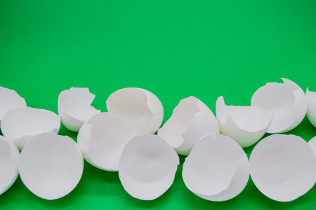 Close up t of lots of broken white eggshells on green background. copy space.の写真素材