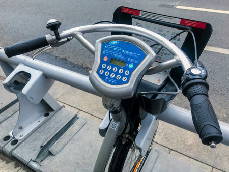 Moscow, Russia, August 2019: Close-up of the control display on the handlebar of a Bicycle at a...