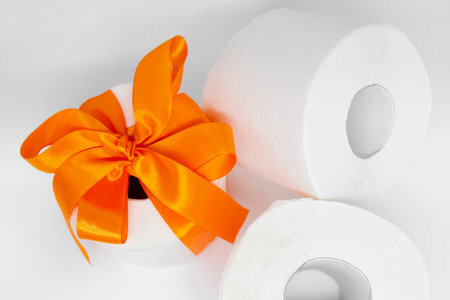 Several rolls of white perforated toilet paper. One roll is tied with a bright orange satin ribbon as a gift.の写真素材