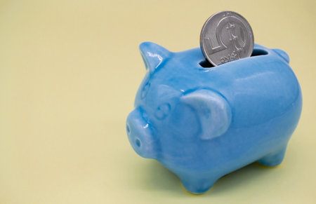 Blue ceramic piggy bank with a suspicious look and a coin of 5 CZK in the hole on a yellow background.の写真素材