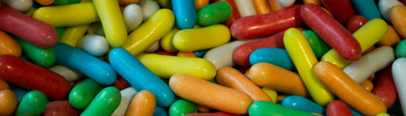 Banner with lots of colorful candy drops in the form of capsules. Sweet bright background.