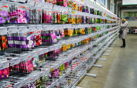 Moscow, Russia, December 2019: Stand with seeds of different varieties of annual flowers: marigold,...