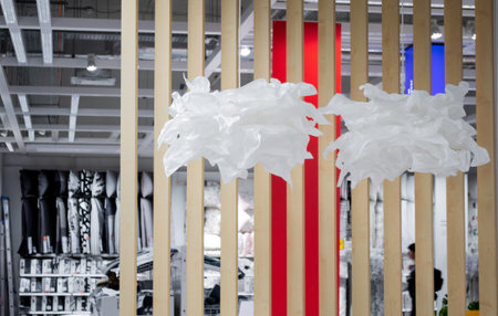 Moscow, Russia, September 2019: Lamps design made of crumpled paper in the shape of a flower or...