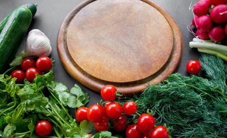 A pile of fresh, ripe vegetables: radishes, tomatoes, cucumbers, herbs, and garlic are arranged around a round wooden chopping board. Copy space.の写真素材