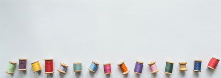 A large banner with lots of multicolored threads on wooden old-fashioned reels on a white background with space for text. One of the thread reels is empty.の写真素材