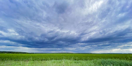 Huge purple storm clouds over a green field. Copy space.の写真素材