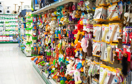 Moscow, Russia, September 2019: pet Store: shelves with toys for animals, houses and carriers.のeditorial素材