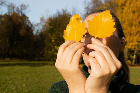 Portrait of woman with green eyes eyes holds two yellow leaves, hands close-up, background autumn trees.の写真素材