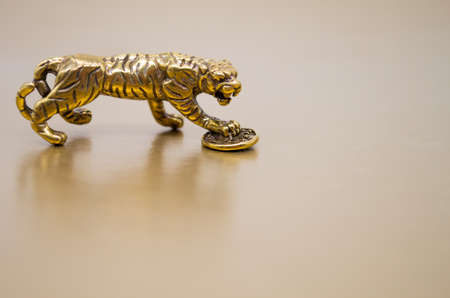 A bronze figure of a tiger with a coin - the symbol of the Chinese new year 2022 on a golden background, copy space. Wishes of good luck, financial well-being and wealth.の写真素材