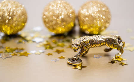 A bronze figure of a tiger with a coin - the symbol of the Chinese new year 2022 on a background of stars, golden shiny balls, copy space. Wishes of good luck, financial well-being and wealth.の写真素材