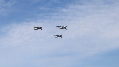 Moscow, Russia, May 2022: The flight in the sky of three IL-76MD heavy long-range military aircraft...