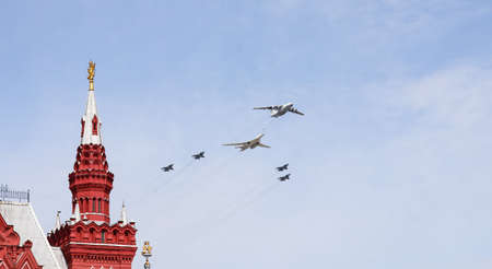 Moscow, Russia, May 2022: Simulation of refueling in the air. IL-78 tanker aircraft and Tu-160 strategic bomber. Four Mig-31BM fighters accompany. Aircrafts participating in the rehearsal of parade.のeditorial素材