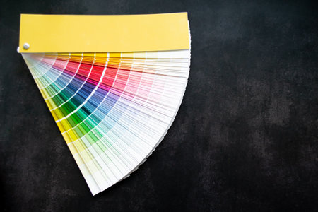 Paper fan paint swatch interior design, wall painting. Black background, copy space.の写真素材