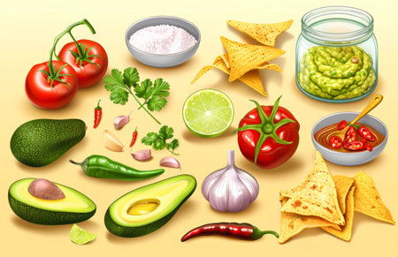 Knolling fresh vegetables ingredients for cooking guacamole.の素材