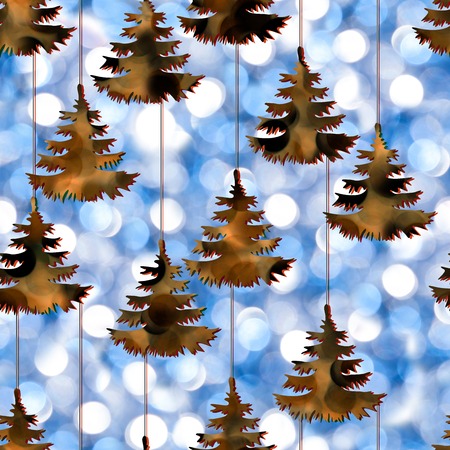 Christmas trees pattern he and Gold background. Golden lights blurred with Christmas trees pattern seamless.の写真素材