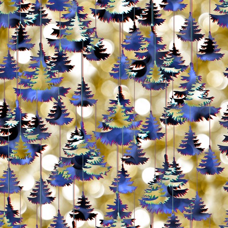 Christmas trees pattern on a gold blur background. Golden lights blurred with Christmas trees pattern seamless. Photo collage with new year decorations art.の写真素材