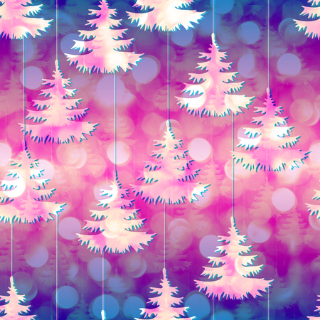 Christmas trees pattern abstract night background on a blurred bokeh lights pattern seamless. Collage with effect overlay. New Year seamless pattern.の写真素材