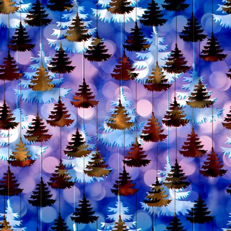 Bright New Year background shine bokeh lights pattern seamless. Red Christmas trees background on a colorful blurred lights pattern seamless.の写真素材