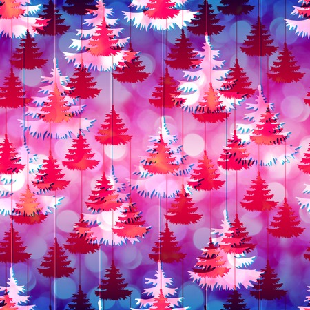 Vivid New Year pattern shine bokeh lights with christmas trees pattern seamless. Red Christmas trees background on a colorful gradient backdrop.の写真素材
