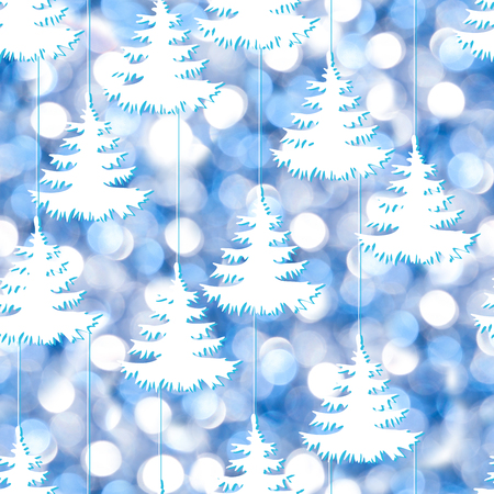 Blue blurred Light Christmas trees background pattern seamless. Elegance new year background with photo collage blurry pattern seamless.の写真素材