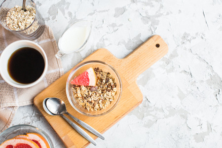 healthy breakfast: granola with cranberries in bowl の写真素材