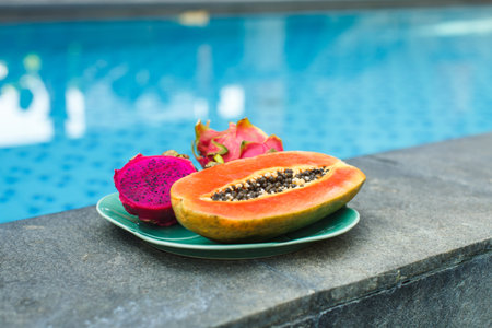 exotic fruits on plate in villa