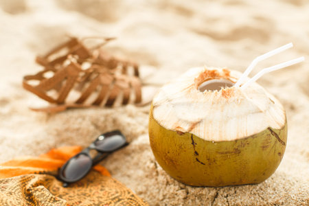 Coconut on sand at beach and ocean