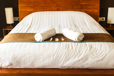 beautiful room in villa, towel on the bedの写真素材