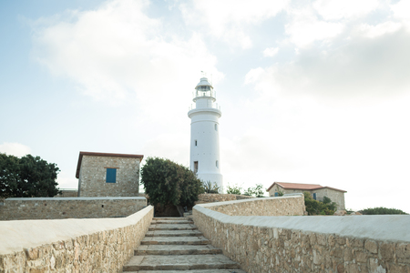 landscape with a white lighthouse. Cyprus, Paphosのeditorial素材